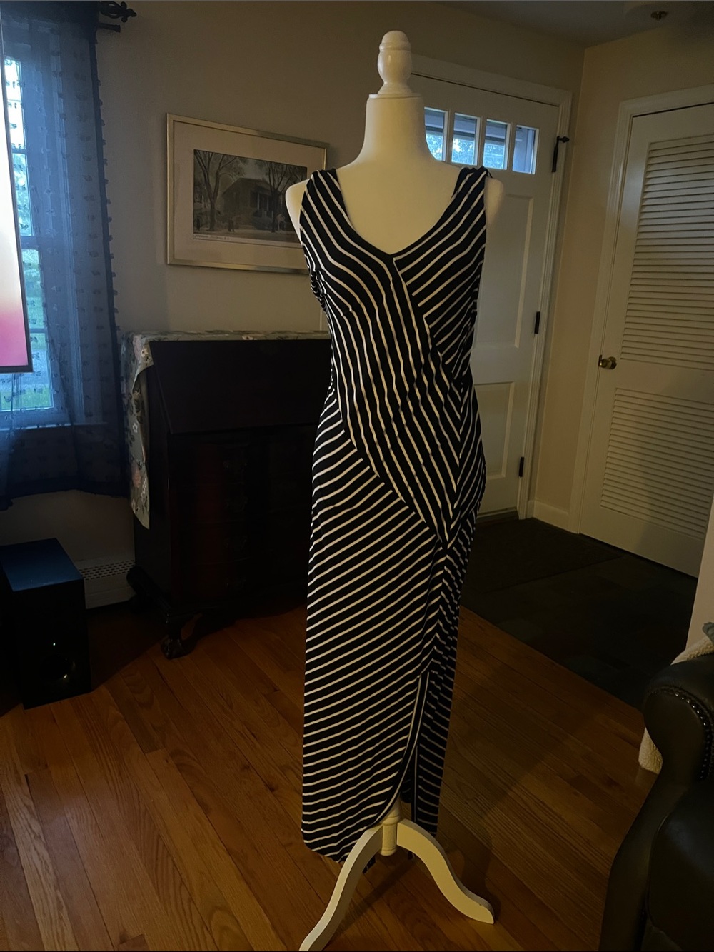 Nina Leonard Black & White Striped V-Neck Maxi Dress